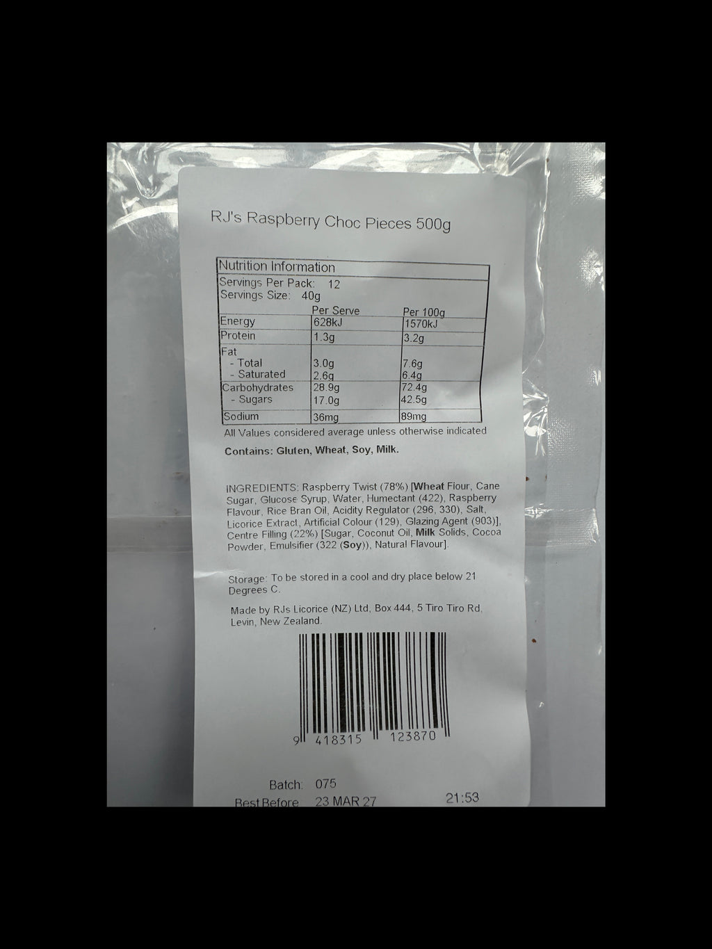 RJ's Raspberry Choc Pieces (Seconds) 500gm Bag
